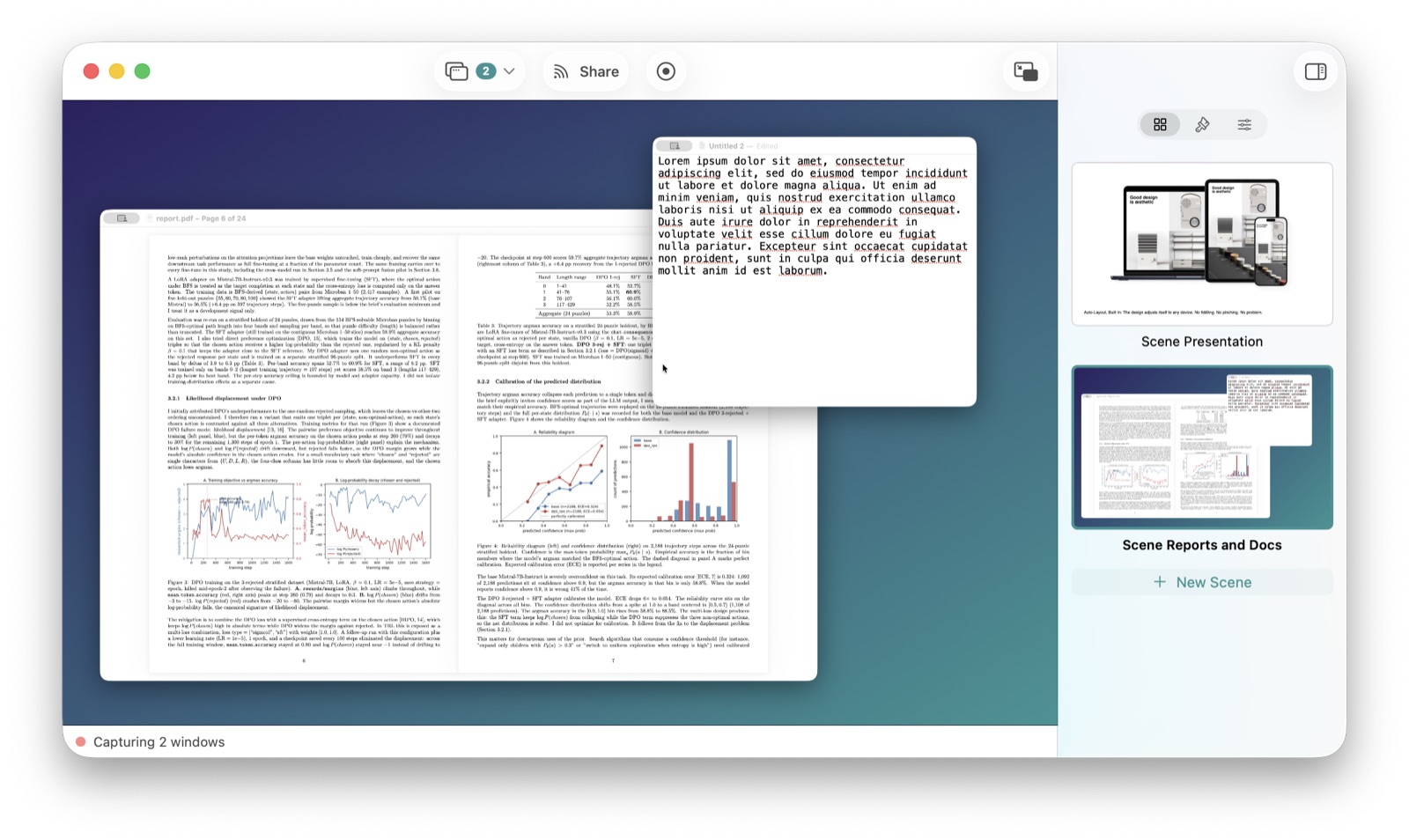 Sel composing two windows into one clean screen share, with saved scenes alongside.